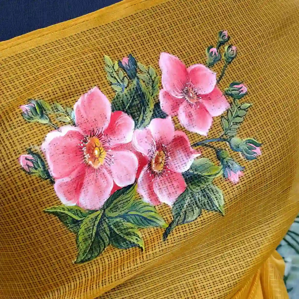 Elegant Kota Silk Saree Hand-Painted With Pretty Floral Designs.