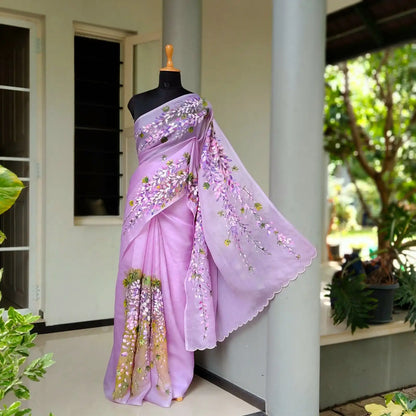 Sheer Elegance In Every Brushstroke—Hand-Painted Silk Organza Saree