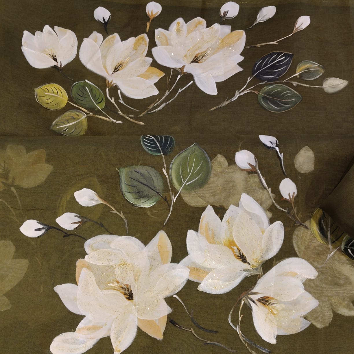Delicate Hand-Painted Magnolias On Sheer Organza Silk