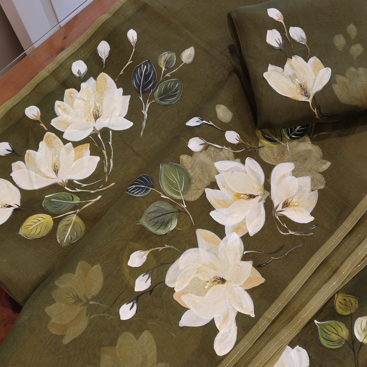 Delicate Hand-Painted Magnolias On Sheer Organza Silk