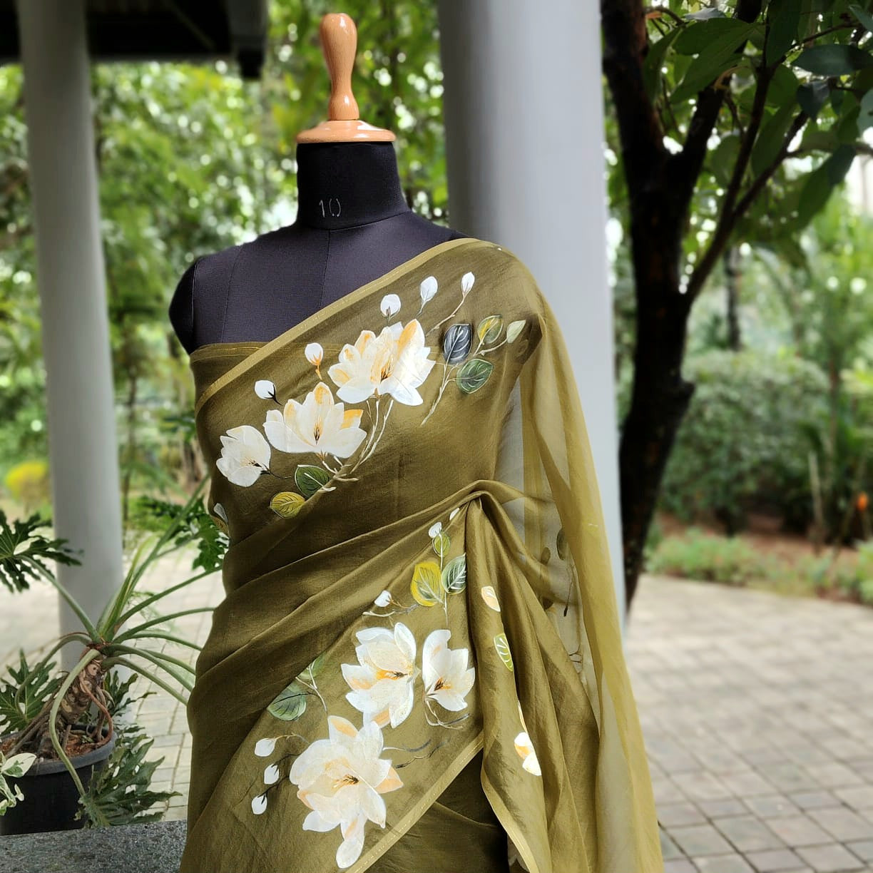 Delicate Hand-Painted Magnolias On Sheer Organza Silk