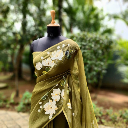 Delicate Hand-Painted Magnolias On Sheer Organza Silk