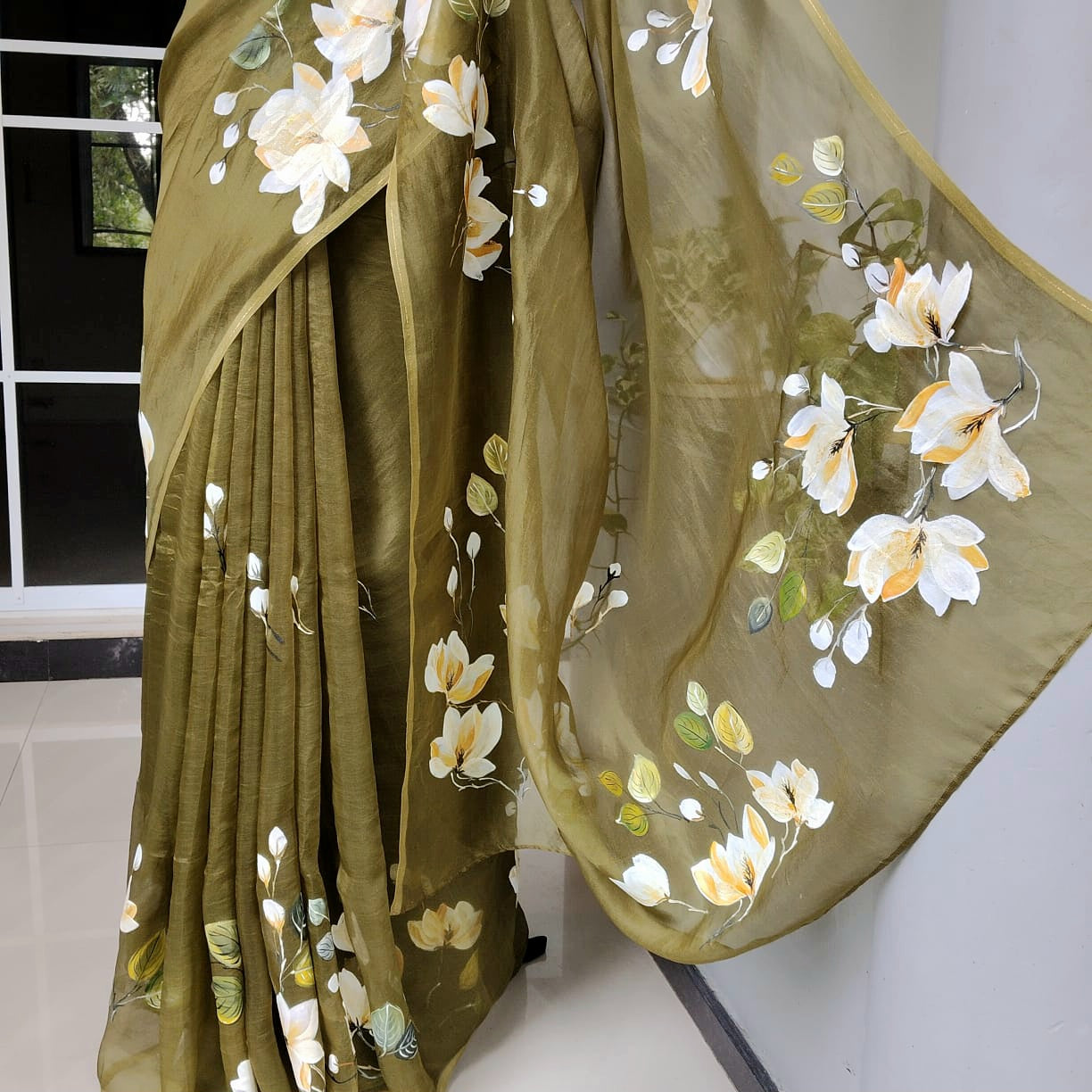 Delicate Hand-Painted Magnolias On Sheer Organza Silk