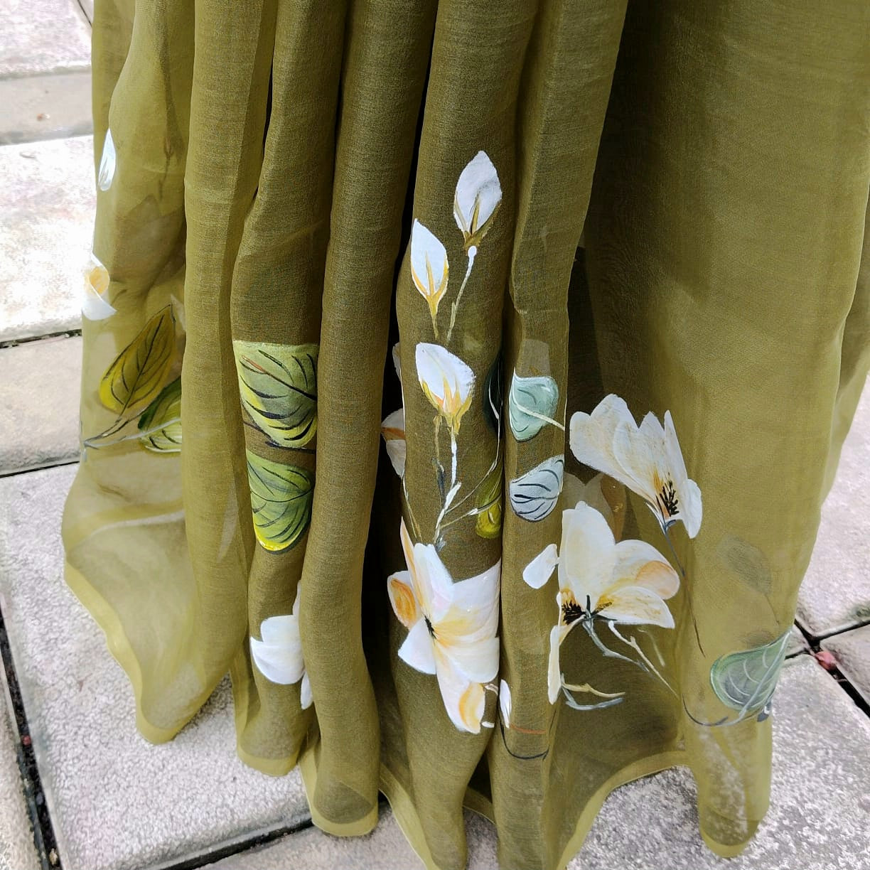 Delicate Hand-Painted Magnolias On Sheer Organza Silk