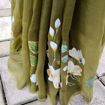 Delicate Hand-Painted Magnolias On Sheer Organza Silk