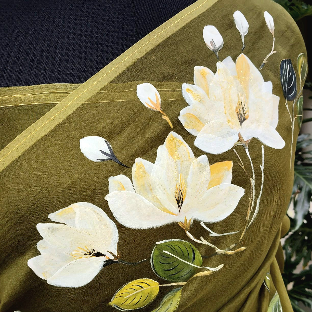 Delicate Hand-Painted Magnolias On Sheer Organza Silk