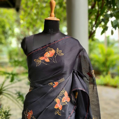 Graceful Bougainvillaeas In Antique Style Bloom Across This Soft Kota Silk Saree