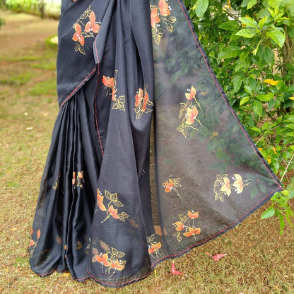 Graceful Bougainvillaeas In Antique Style Bloom Across This Soft Kota Silk Saree