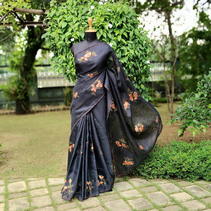 Graceful Bougainvillaeas In Antique Style Bloom Across This Soft Kota Silk Saree