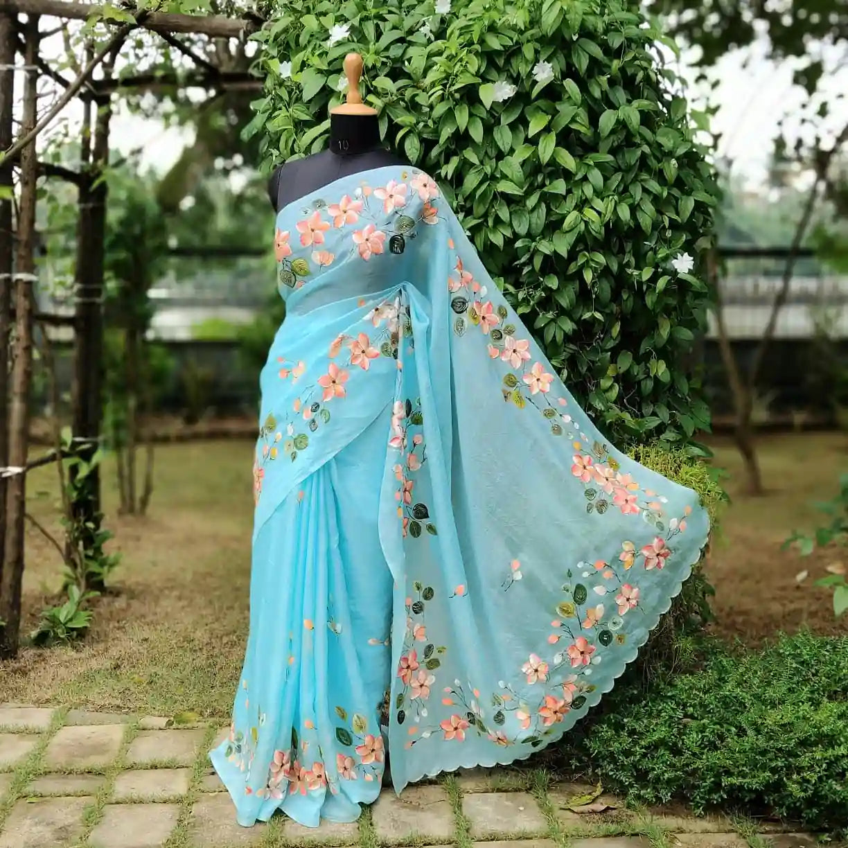 Dreamy Blue Silk Organza Saree With Plumeria Blossoms Painted For A Timeless Look