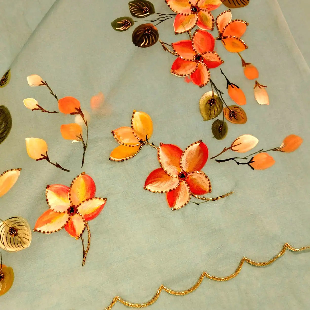 Dreamy Blue Silk Organza Saree With Plumeria Blossoms Painted For A Timeless Look