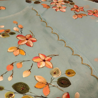 Dreamy Blue Silk Organza Saree With Plumeria Blossoms Painted For A Timeless Look