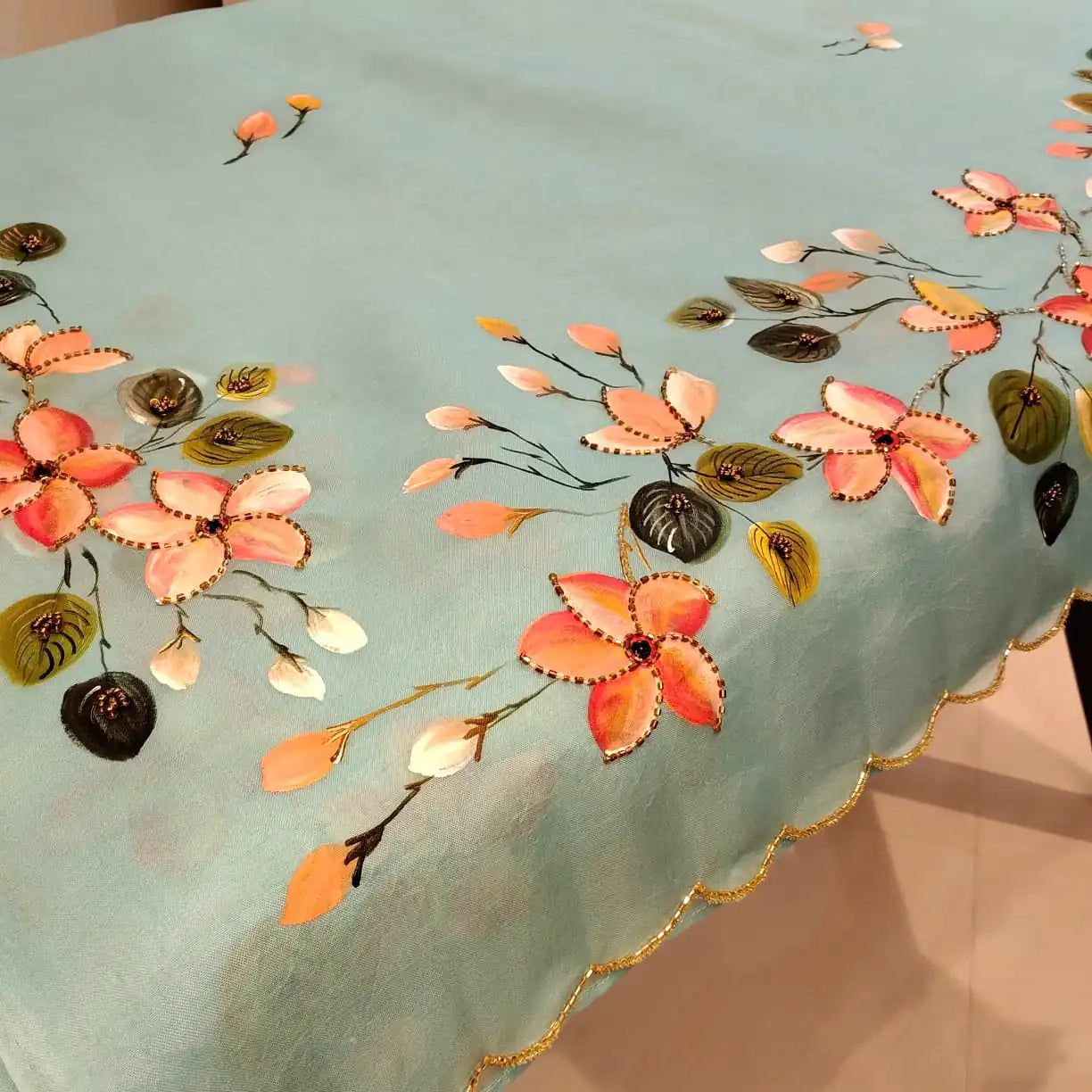 Dreamy Blue Silk Organza Saree With Plumeria Blossoms Painted For A Timeless Look