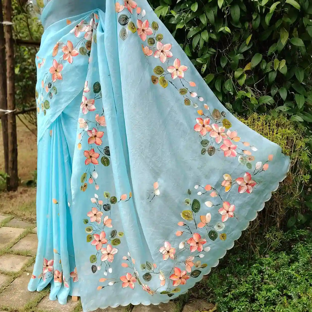Dreamy Blue Silk Organza Saree With Plumeria Blossoms Painted For A Timeless Look