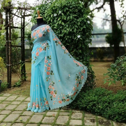 Dreamy Blue Silk Organza Saree With Plumeria Blossoms Painted For A Timeless Look