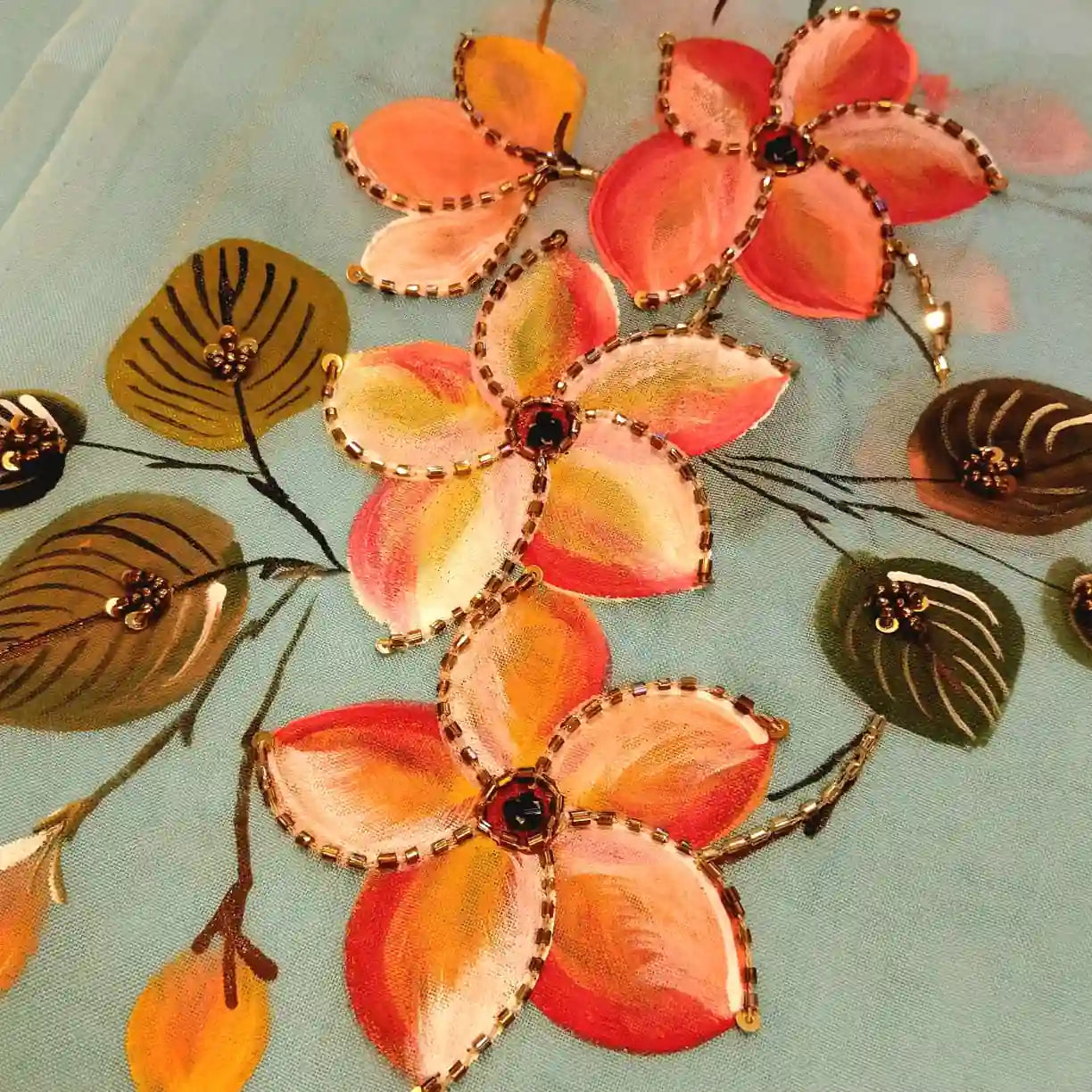 Dreamy Blue Silk Organza Saree With Plumeria Blossoms Painted For A Timeless Look