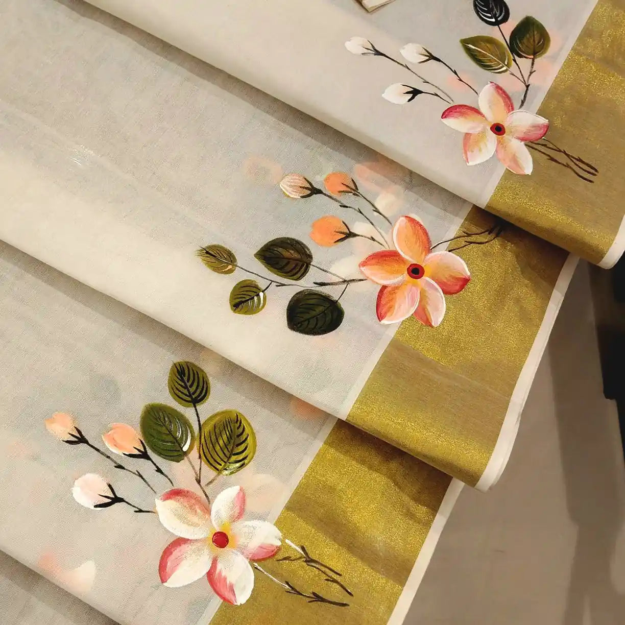 Graceful Kerala Saree With Hand-Painted Plumerias