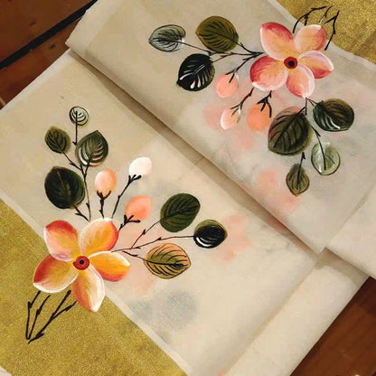 Graceful Kerala Saree With Hand-Painted Plumerias