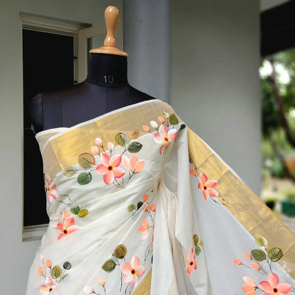 Graceful Kerala Saree With Hand-Painted Plumerias