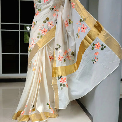 Graceful Kerala Saree With Hand-Painted Plumerias