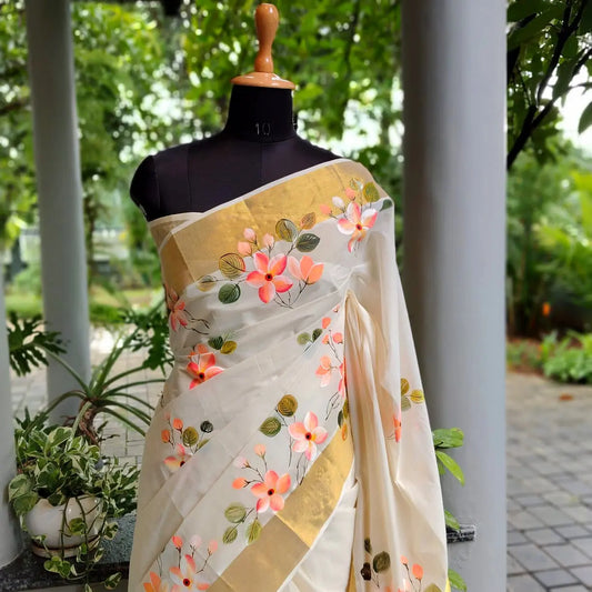 Graceful Kerala Saree With Hand-Painted Plumerias