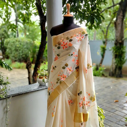 Graceful Kerala Saree With Hand-Painted Plumerias