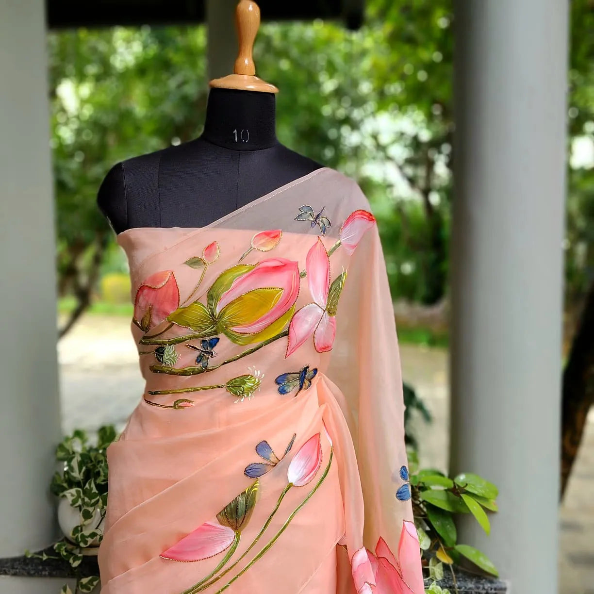 Delicately Hand-Painted Elegance On Silk Organza Saree
