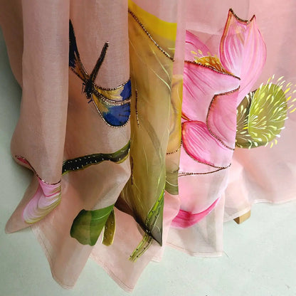 Delicately Hand-Painted Elegance On Silk Organza Saree