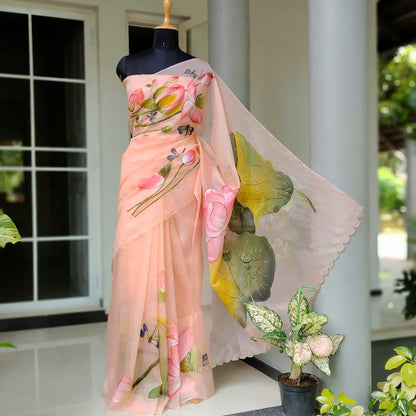 Delicately Hand-Painted Elegance On Silk Organza Saree