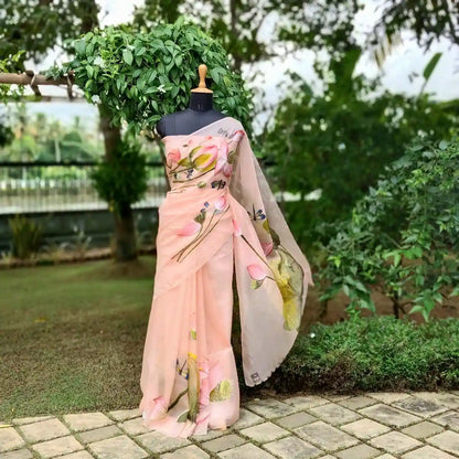 Delicately Hand-Painted Elegance On Silk Organza Saree