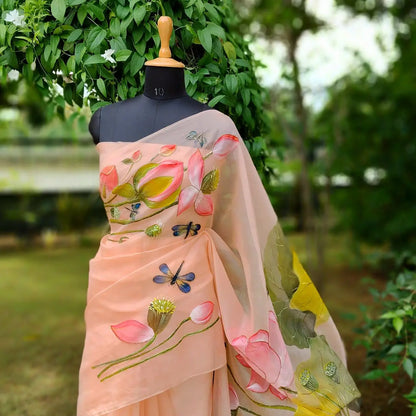 Delicately Hand-Painted Elegance On Silk Organza Saree