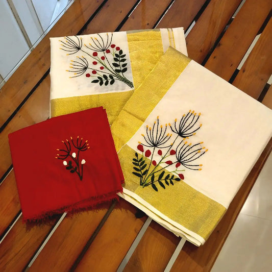 Elegant Hand-Embroidered Kerala Traditional Set Mundu