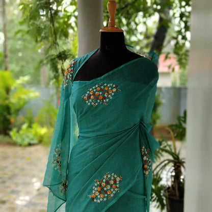 Gracefully Hand-Embroidered Pure Kota Drape