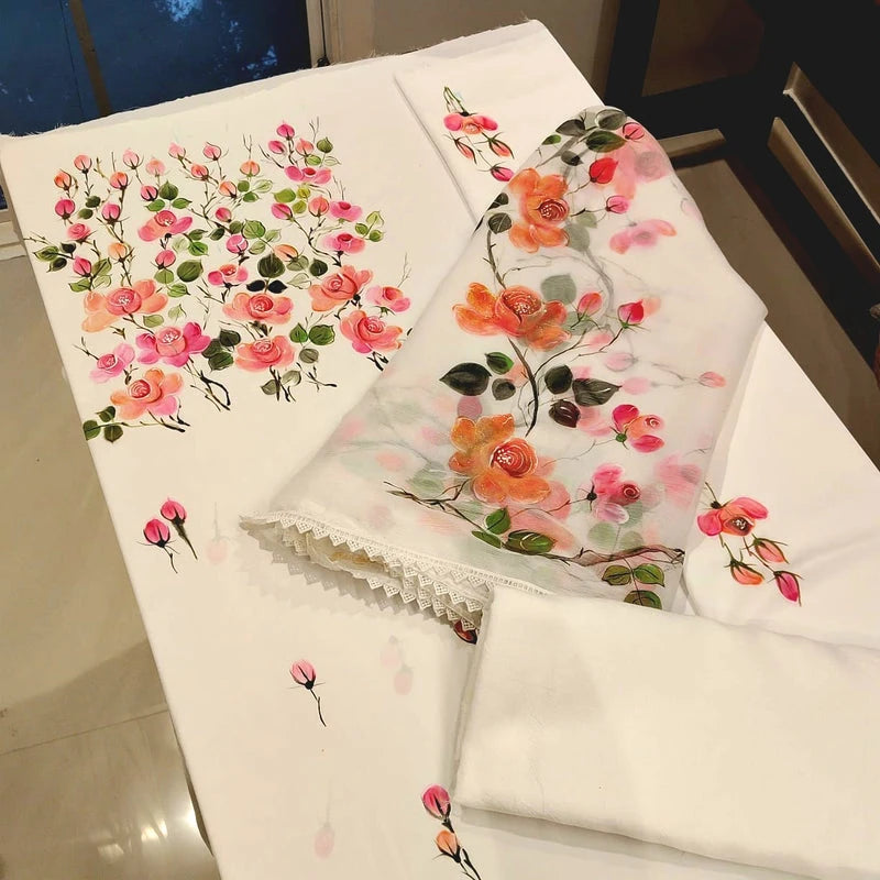 Wild Rose Whispers On Hand-painted Salwar Kameez