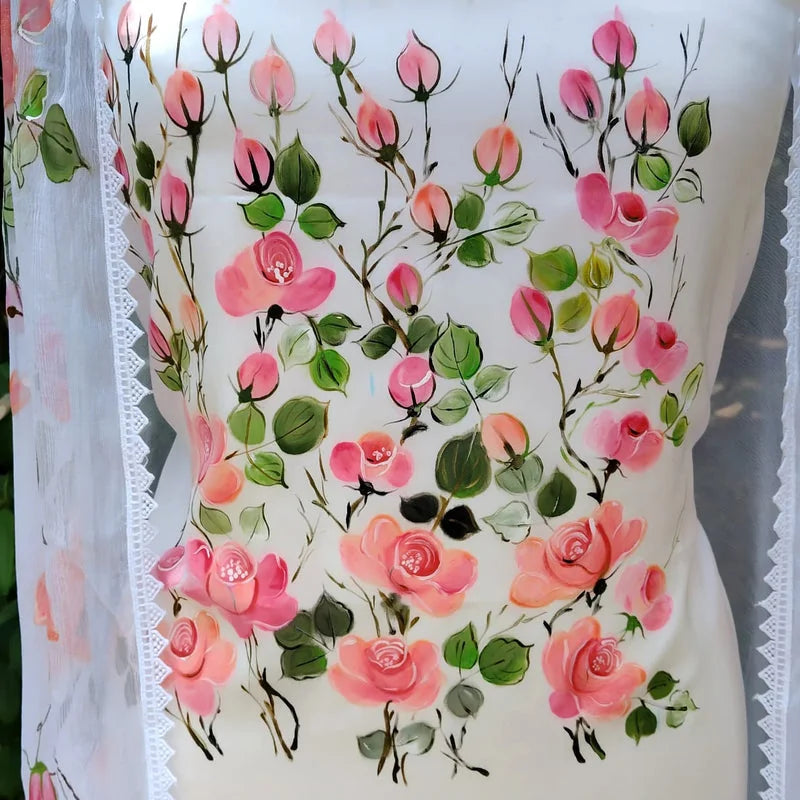 Wild Rose Whispers On Hand-painted Salwar Kameez