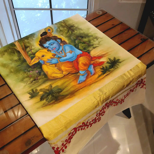 Graceful Kasavu drape with Baby Krishna Painting