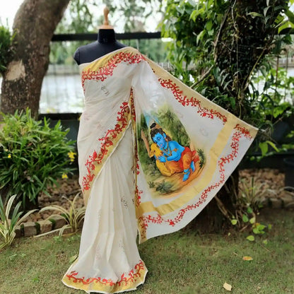 Graceful Kasavu drape with Baby Krishna Painting