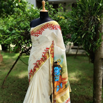 Graceful Kasavu drape with Baby Krishna Painting