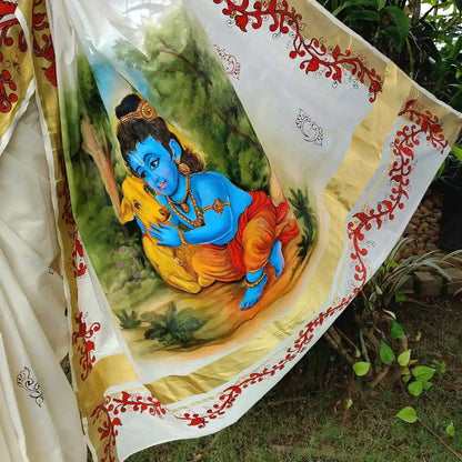 Graceful Kasavu drape with Baby Krishna Painting
