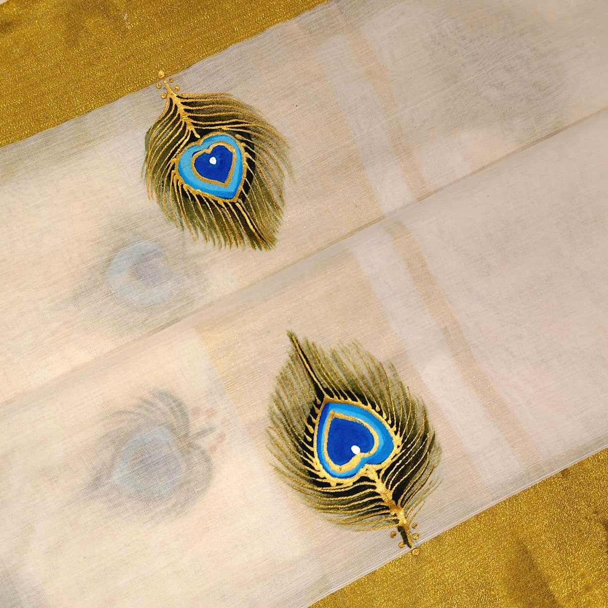 Hand-Painted Kerala Kasavu Saree Celebrating Baby Krishna