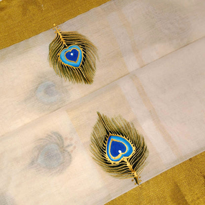 Hand-Painted Kerala Kasavu Saree Celebrating Baby Krishna
