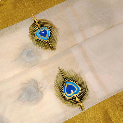 Hand-Painted Kerala Kasavu Saree Celebrating Baby Krishna