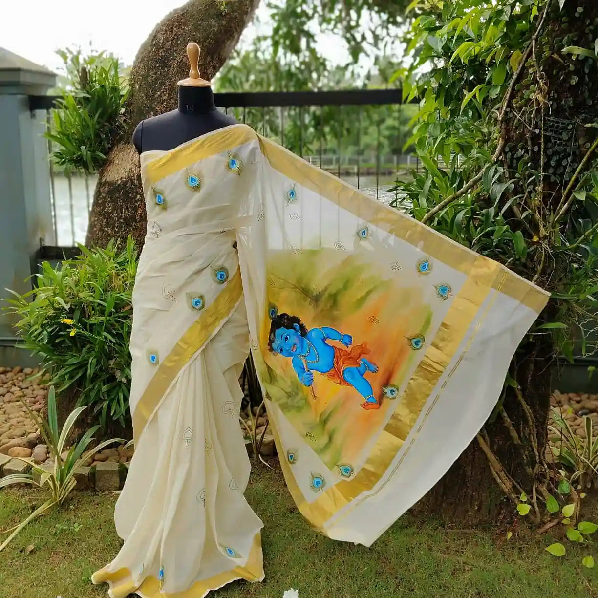 Hand-Painted Kerala Kasavu Saree Celebrating Baby Krishna