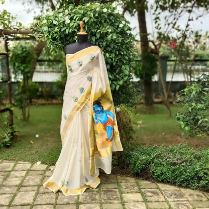 Hand-Painted Kerala Kasavu Saree Celebrating Baby Krishna