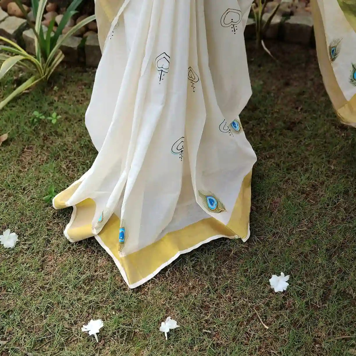 Hand-Painted Kerala Kasavu Saree Celebrating Baby Krishna