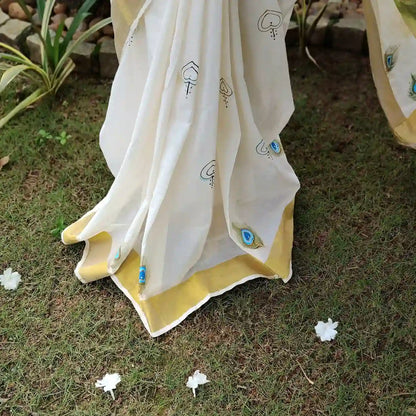 Hand-Painted Kerala Kasavu Saree Celebrating Baby Krishna