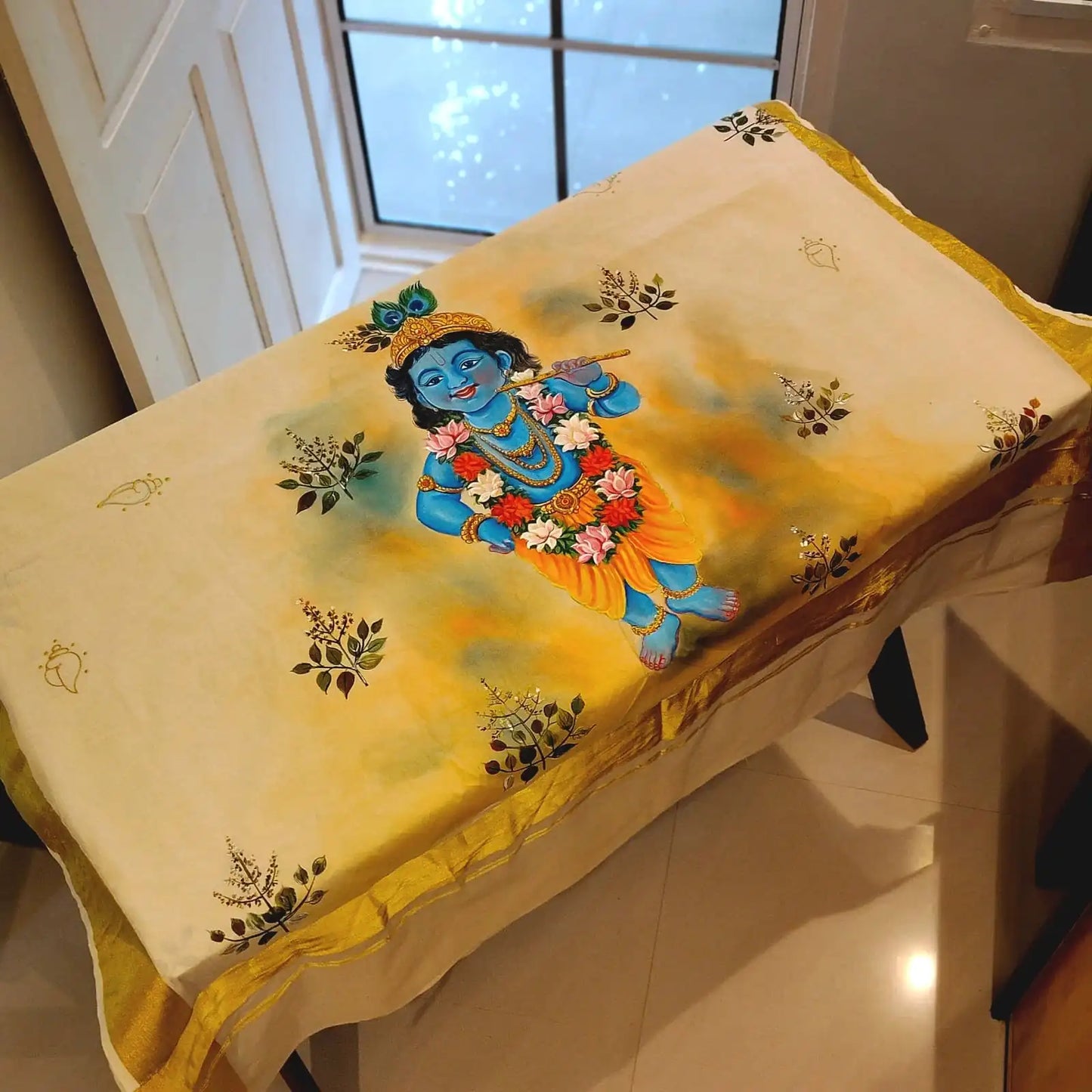 Kerala Saree With Elegant Hand-Painted Little Krishna Motif