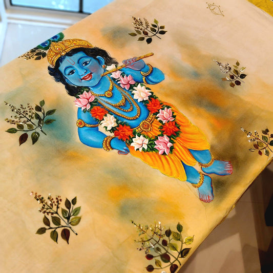 Kerala Saree With Elegant Hand-Painted Little Krishna Motif