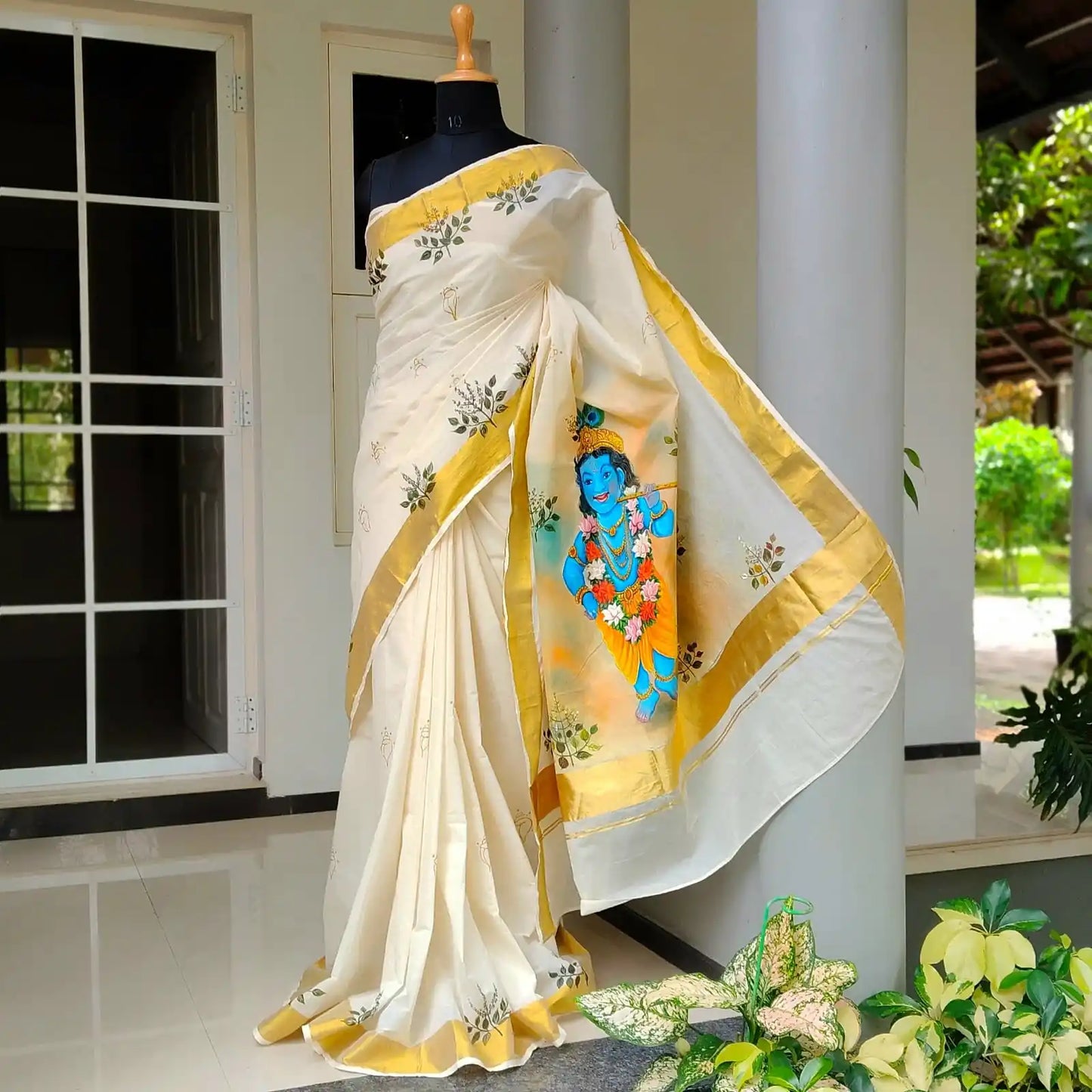 Kerala Saree With Elegant Hand-Painted Little Krishna Motif
