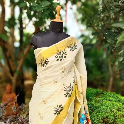 Kerala Saree With Elegant Hand-Painted Little Krishna Motif